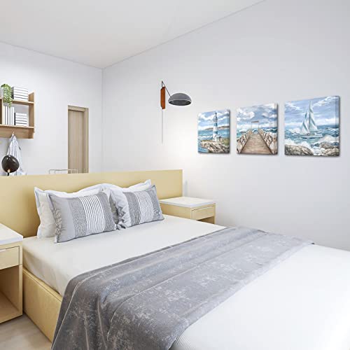 Artsbay Modern Ocean Landscape Wall Art Blue Lighthouse Boat Bridge Beach Landscape Canvas Print Painting Modern Seascape Pictures Artwork For Living Room Bedroom Home Office Decorations #TOP3