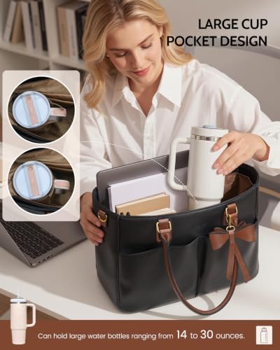 Image of Laptop Tote Bag for Women, Leather Work Tote with Padded Laptop Compartment, Cup Holder, Office Computer Briefcase
