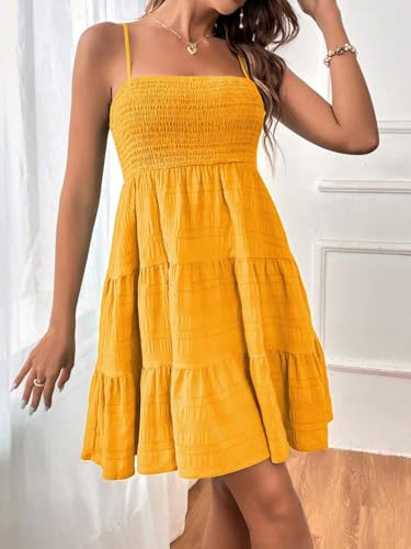 Image of SKAYS Womens Cami Mini Dress Smock Casual A Line Swing Sundress Summer Sleeveless Solid Ruffle Hem Short Dresses