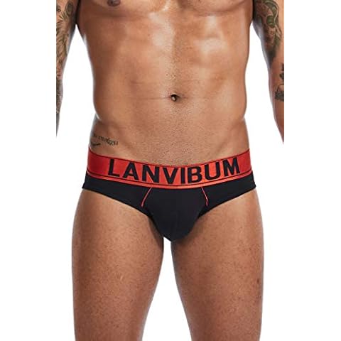 Newsywell Men's Bulge Pouch Cotton Briefs Tagless Bikini Low Rise Lightweight ComfortSoft Waistband Underwear Black (Red Waist) L Cover
