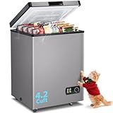 4.2 Cubic Feet Deep Chest Freezer, LifePlus Compact Freezers with 7 Adjustable Thermostat Top Open Door Freezer Compressor Cooling with Rmovable Storage Basket for Home Kitchen Office and Bar Grey