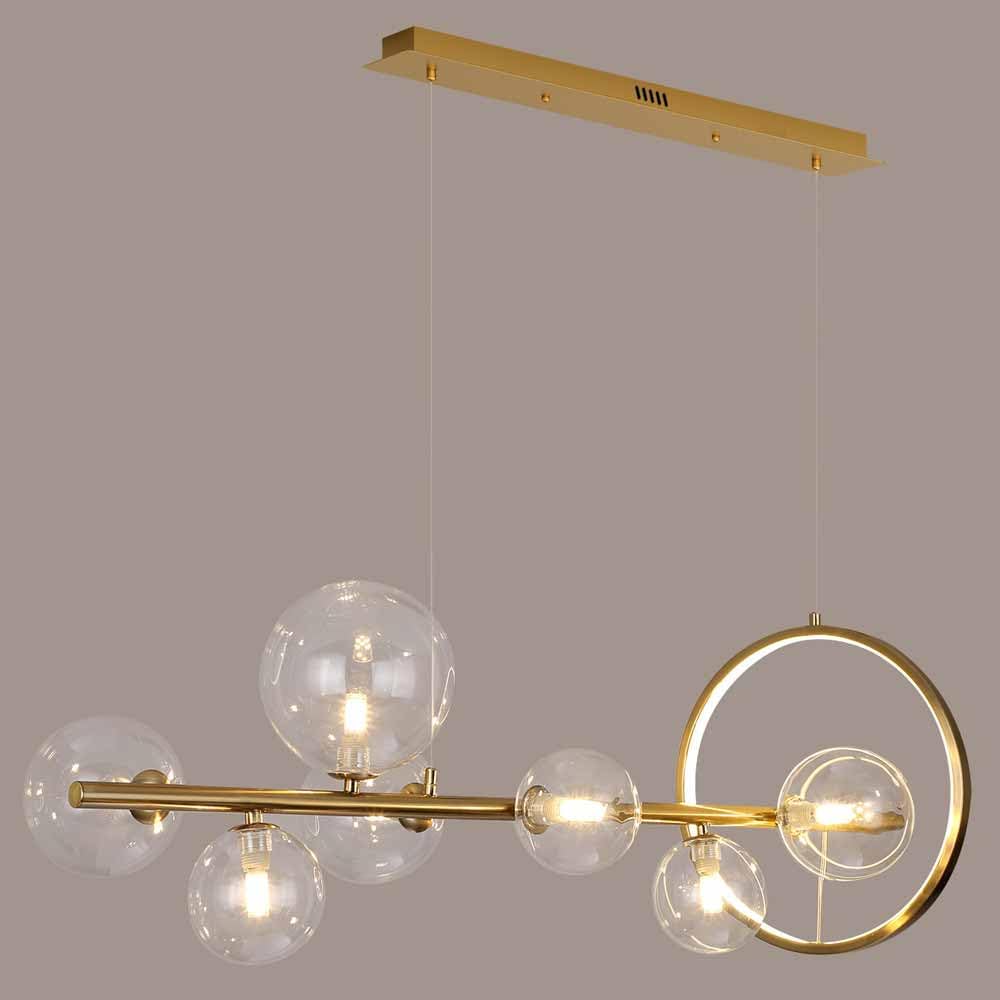 TRIVIDHA Glass Globes Chandelier Long Linear Kitchen Island Pendant Lighting Clear Glass Ceiling Hanging Lamp With LED Ring Adjustable Glass Ball Multi-head Chandelier For Living Room Dining Room