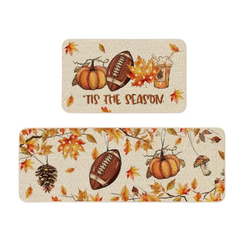 Moutina Tis the Season Football Fall Leaves Kitchen Rugs Set of 2