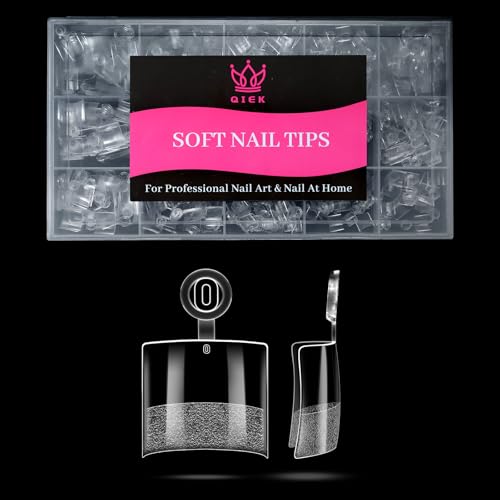Image of Short Square Half Cover Nail Tips 510 Pcs Clear 15 Sizes | No-file pre-buffed half cover clear tips with half sizes and thin back design for DIY nail extensions.