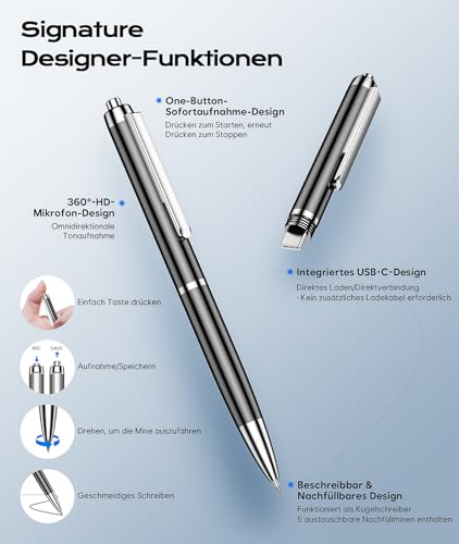 Diktiergerät mit USB-C, 64GB Aufnahmegerät,1600h Speicher Voice Recorder, Wiedergabe mit DSP-Rauschunterdrückung & HD-Audio, Digitales Diktiergerät für Unterricht, Meetings, Interviews