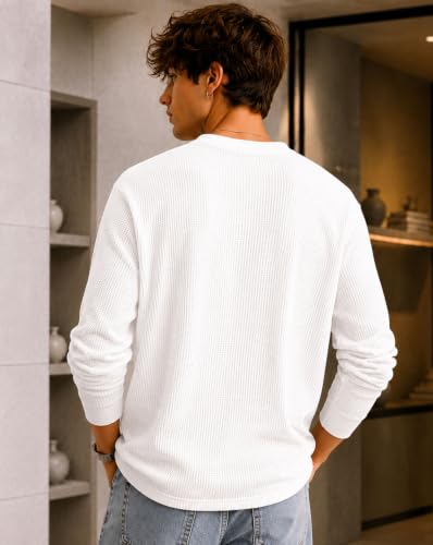 Image of AUSK Men's Waffle Knit Henley T-Shirt | Cotton Blend Full Sleeve Textured Casual T Shirt | Regular Fit Button Placket Round Neck Tshirt for Men