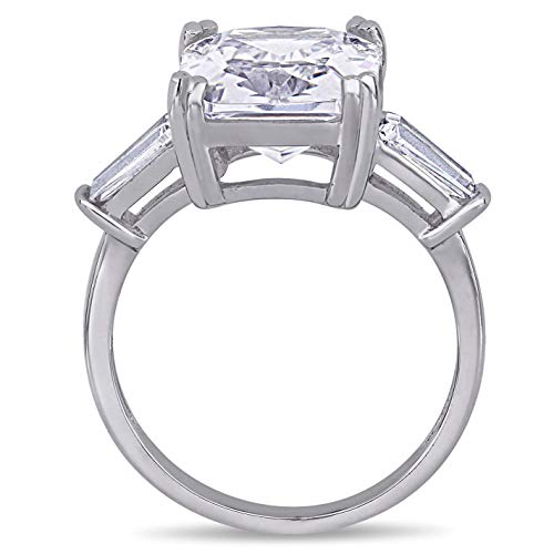 Abbie+Cleo Radiant And Baguette Cubic Zirconia 3-Stone Statement Engagement Ring In Rhodium Flash Plated Sterling Silver, Size 5 #TOP2