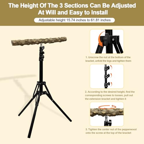 Image of 16-63 Inch Height Adjustable Bird Perch Pepper Wood Bird Training Perch Stand Parakeet Perches Indoor and Outdoor Parrot Stands for Small to Medium Bird