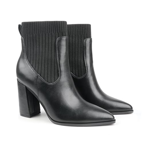 Zzheels Women's Pointed Toe Ankle Boots Knit Sock Booties Elastic Chunky Heeled Slip On Ankle Boots
