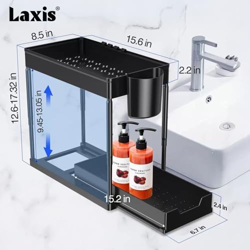 Image of LAXIS Under Sink Storage Organizer, 2 Tier Pull Out Cabinet Organizer with Sliding Drawer and Hooks, Adjustable Height Under Sink Organizer Rack for Storage Multipurpose, Black