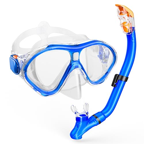 Kids Snorkel Set, equipo de snorkel con máscara de vidrio templado antivaho para niños, tubo respirador plegable, vista panorámica de 180 grados, anti fugas, para edades de 6 a 14 años, unisex miniatura 1