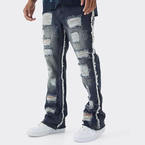 Hulpvktsgiq Mens Stacked Jeans Slim Fit Ripped Jeans Destroyed Slim Fit Straight Denim Pants Hip Hop Trouser Streetwear4