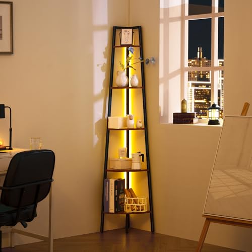 Yoobure Corner Shelf Stand, 5-Tier Bookshelf with LED Lights & Steel Frame, Tall Storage Shelves for Living Room, Bedroom, Office, Multi-Purpose Display Bookcase