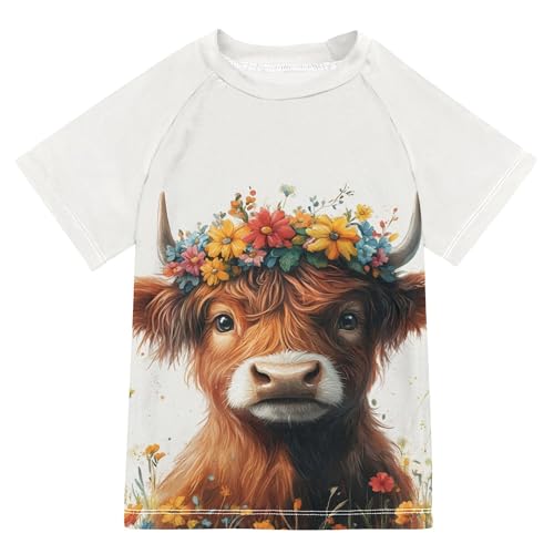 Scottish Highland Cow with Floral Crown Bathing Suit Girls UV Protection Workout Shirts Swimwear Beach Tops 3T