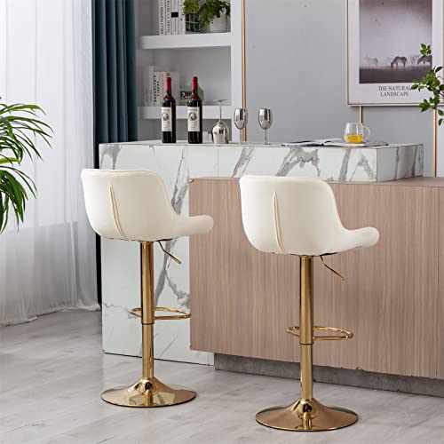 I-Pook Swivel Bar Stools Set Of 2, Adjustable Counter Height Barstools With Tufted High Back And Golden Footrest, Velvet Upholstered Bar Chairs For Home Bar Kitchen Island, Ivory #TOP6