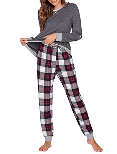 UNibelle Pijama largo para mujer, conjuntos de pijama de invierno, ropa de dormir de dos piezas, ropa de dormir para el hogar, traje de ocio, con pantalones a cuadros, S-XXL, gris, S