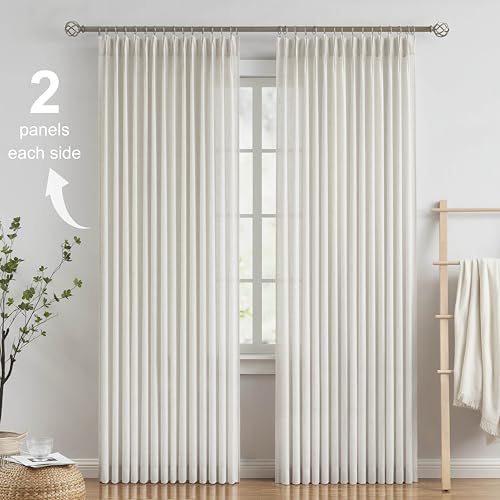 Image of Vision Home Natural Pinch Pleated Semi Sheer Curtains Textured Linen Blended Light Filtering Window Curtains 90 inch for Living Room Bedroom Pinch Pleat Drapes with Hooks 2 Panels 42 inch Wx90 L