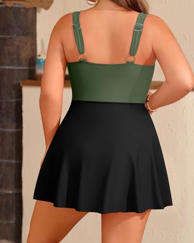Plus Size Swim Dresses for Women- One Piece Swimsuit Tummy Control Flowy Bathing Suit Full Coverage Swimwear 2025 Olive Green 14 Plus2