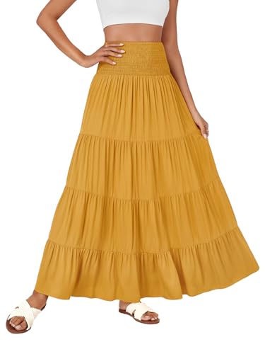 KIFOVEN Women's Elastic High Waist Pleated A-Line Tiered Ruffle Smocked Flowy Maxi Long Skirt Yellow X-Large4