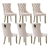 Velvet Dining Chairs Set of 6, Modern Tufted Dining Room Chair, Upholstered Dining Chairs with Lion Head Pulls Ring and Golden Solid Wood Legs, Luxury Kitchen Chairs for Dining Room, Beige