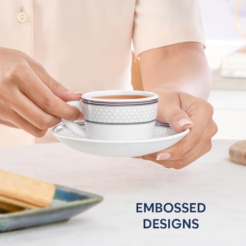 Image of Larah by BOROSIL 140ml Opalware Starlight Tea /Coffee 6pc Cup & 6pc Saucer Set, Microwave & Dishwasher Safe Embossed Design Crockery Set Ideal for Daily Use & Gifting