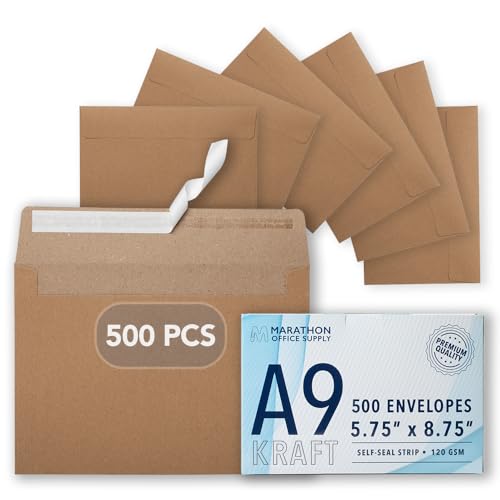 A9 kraft envelopes 5.75 x 8.75 in, 500 pack, self-seal