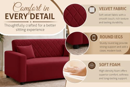 Image of Rosebell 3 Seater Wooden Sofa for Living Room, Modern Fabric Upholstered Sofa with Quilted Backrest, Cushioned Seating, Padded Armrests & Sturdy Wooden Frame - Red
