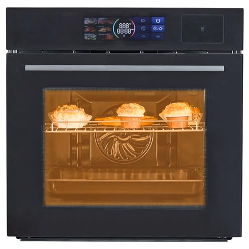 24 Inch Wall Oven | 2.5 Cu Ft Electric Wall Oven 3D Heating & 3000W Electric Oven with Air Fry Function, 8 Cooking Modes, 108 Smart Recipes, Touch Display, Stainless Steel Black