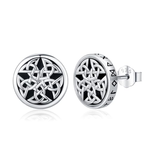 Black Onyx Stud Earrings for Men 925 Sterling Silver Viking Rune Tree of Life/Celtic Knot/Cat/Eye of Horus Earring Nordic Rune Viking Jewelry Gifts for Christmas Birthday Father's Day New Year