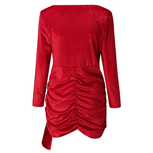 eiuEQIU Damesjurk, mini-jurk, lange mouwen, fluwelen jurk, tuniek, elegante avondjurk met diepe V-hals, plooien, onregelmatige jurk, vrouwen, effen, sexy, korte galajurk, modieuze partyjurk - Image 8
