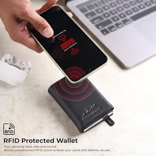 Image of BLACKTHORNE Wallet for Men | RFID Blocking Genuine Trifold Leather Pop-Up Card Holder | Slim Minimal Design with Aluminium Case Holds 6-8 Cards, Coin Pocket & Magnetic Closure (Navy Blue)