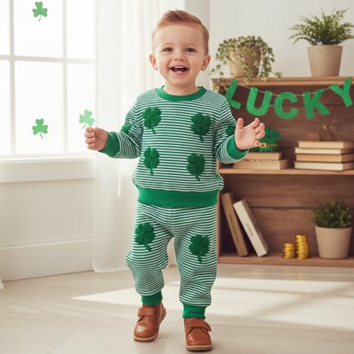Image of Toddler Baby Boy St Patricks Day Outfit Infant Lucky Clover Sweatshirt Pants Set Little Kids Spring Warm Clothes