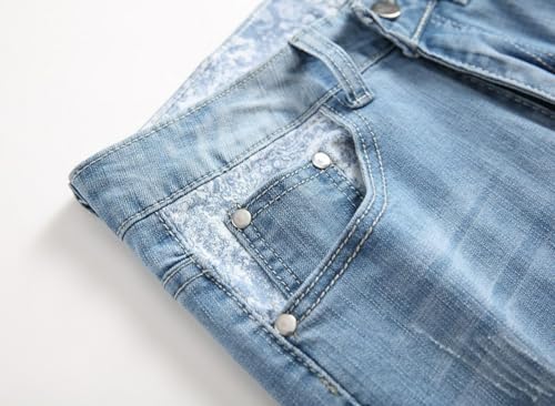 Jeans Pants Trousers Denim Trendy Street Tear Hole Retro Splicing Blue Black Stretch Elastic Slim Casual Straight Leg for Men(Light Blue,31)4