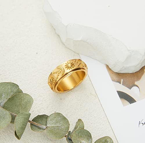14K Gold Plated Anti Anxiety Ring for Women Men Sun Star Moon Stainless Steel Fidget Ring Gold Spinner Ring Band with Black Box Packed2