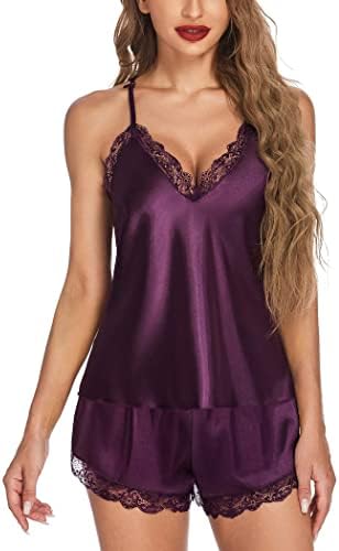 Avidlove Women's Sexy Silk Satin Pajamas Sets Lace Trim Cami Tops Shorts Sleepwear Purple Small