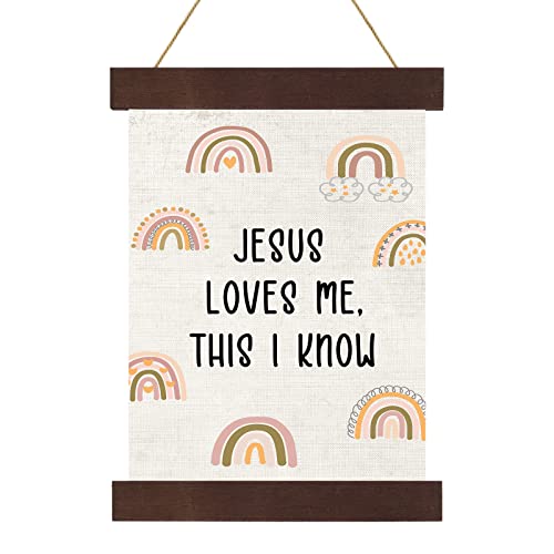 Image of Boho Rainbow Nursery Wall Decor Baptism Gift for Girls Jesus Loves Me This I Know Christening Baby Hanging Canvas Wooden Dedication for Kids Baby Nursery Room, 10 x 13.4 Inches (Rustic Style)