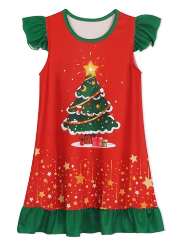 WonderBabe Girls Nightgowns Toddler Christmas Pajamas Flutter Sleeve Nightdress Soft Princess Sleepwear for Kids size 3-4t Dark Red