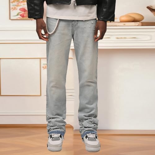 Hulpvktsgiq Men's Ripped Slim Fit Straight Leg Jean Pearl Patch Denim Pant Rhinestone Baggy Trousers with Pockets2