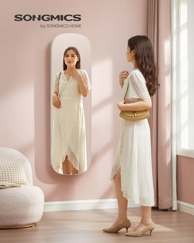 Image of SONGMICS Jewelry Organizer, LED Jewelry Cabinet Wall /Door Mounted, Lockable Rounded Wide Mirror with Storage, Interior Mirror, 3.9 x 16.5 x 55 Inches, White Surface with Greige Lining