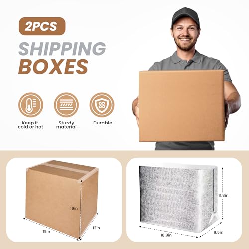 Image of YSSOA 2 Pack Insulated Shipping Boxes with Aluminum Foil Liner,Thermal Insulation Cold Pack Shipping Boxes for Frozen, Reusable Styrofoam Cooler Box, Small Mailing Box, 19'' x 12'' x 16''