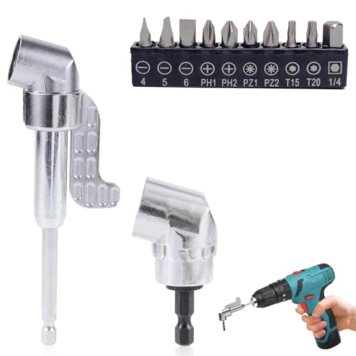 Right Angle Drill Attachment, 90 Degree Drill Adaptor with Short and Long Adapters, Includes 10 Screwdriver Bits for Tight Spaces, Ideal for DIY and Professional Use (6cm and 14cm)