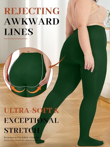 Image of Plus Size Opaque Tights for Women 240D Soft Solid Color Footed High Waist Control Top Pantyhose