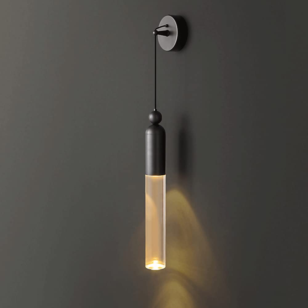 HCZKIUJY Black Brass Wall Lamp - Creative Long Tube Sconce with Acrylic Lampshade - Copper Flute Bedside Lighting