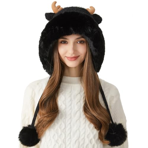 HUAMULAN Women Winter Sherpa Beanie Hats Knit Ear Flaps Cover Ears Antler Fleece Lined Ski Snow Hat 2 Pompoms