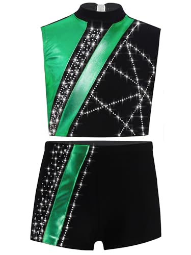 easyforever Girls 2-Piece Gymnastics Wear Shiny Metallic Crop Tank Top with Shorts for Ballet Dance Show Green 10 Years3