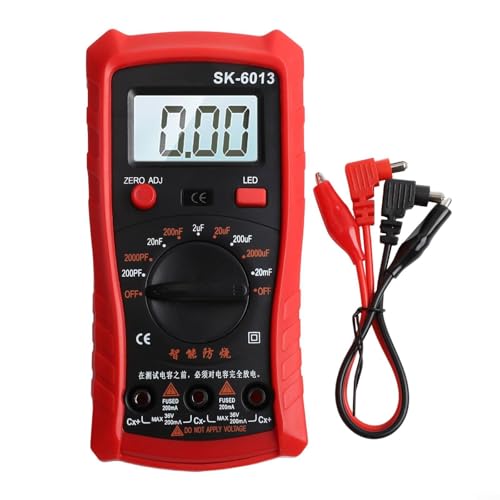 Medidor de capacitancia digital 6013 de gran alcance, probador de condensadores, multímetro con retroiluminación LCD, 2000 cuentas de precisión, carcasa de ABS, soporte telescópico (rojo)