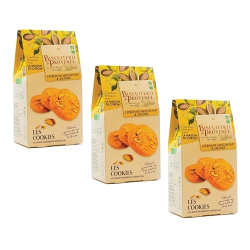 Biscuiterie de Provence | Galletas ecológicas con limones de Menton IGP y almendras - 3 x 120 g | Caja de galletas francesas con limón y almendras