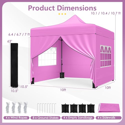 Image of Tangkula 10x10 FT Pop Up Canopy, Outdoor Tent with 4 Removable Sidewalls, Carbon Steel Frame, 4 Sandbags, 8 Stake & 4 Ropes, Wheeled Bag, Portable Canopy Tent for Party Event Camping (Pink)