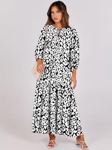 Image of ANRABESS Womens Boho Floral 3 /4 Puff Sleeve Maxi Dress | Tiered Flowy Loose Fit, Comfy Soft Rayon Fabric, Wedding Guest Church Beach, Modest Elegant, Spring Summer Fall Outfits