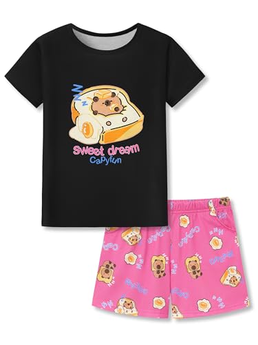 Tebbis Pajamas for Girls Soft 2-Piece Short Sleeve Cute Capybara & Toast Print PJs Black & Pink Jammies Set Size 10